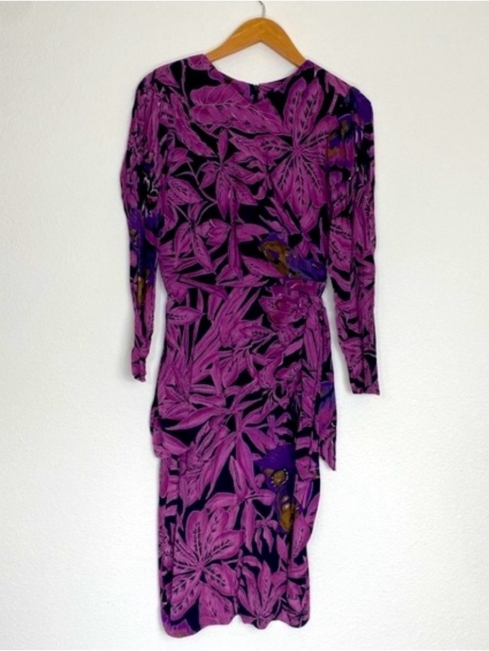 Vintage Barbara Barbara Womens Purple Black Floral Tie Midi Dress Size 4 Retro